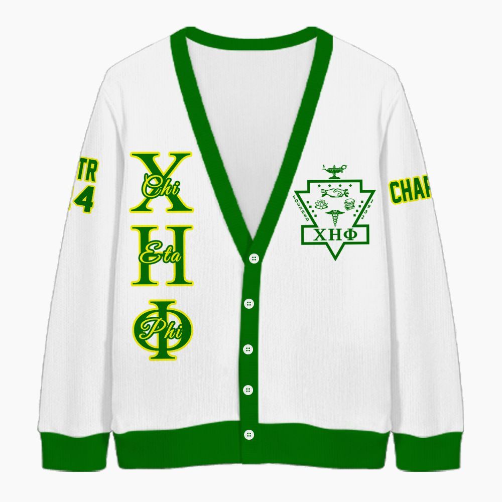 Ireishprint Chi Eta Phi Custom Chapter Cardigan, Personalized White Pea Green Cardigan Chi Eta Phi Sorority Knitted Cardigan