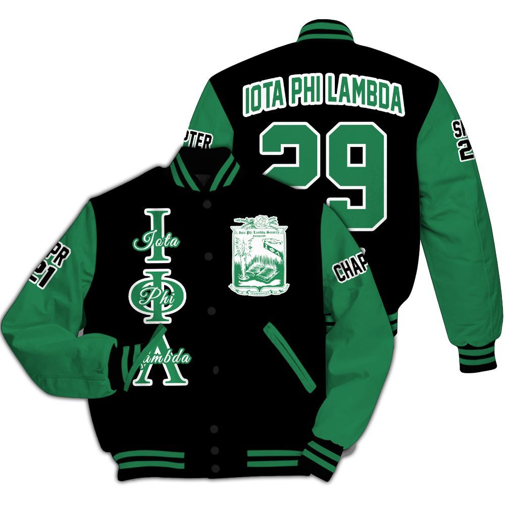 Ireishprint Iota Phi Lambda Custom Chapter Varsity Jacket, Personalized Black Mix Emerald Green Iota Phi Lambda Since 1929 Sorority Jacket