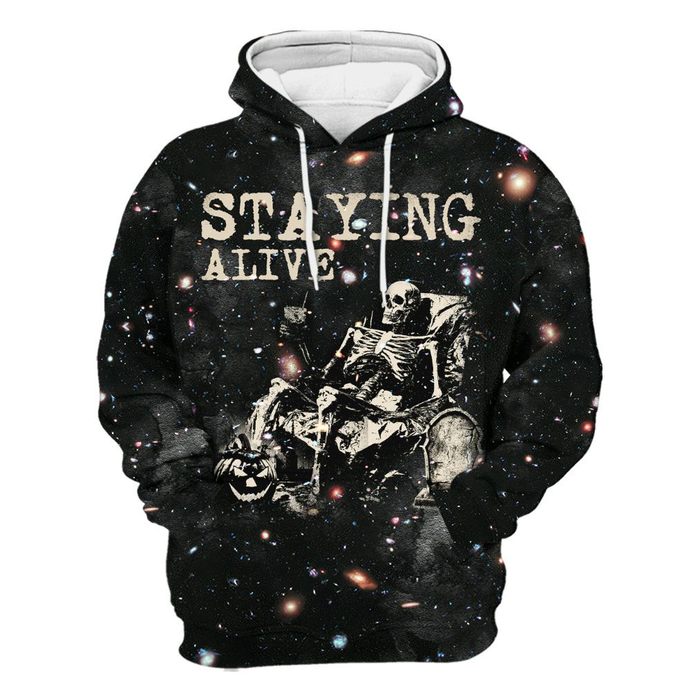 Amare Box Staying Alive Tie Dye Shirt, Funny Horror Skeleton Halloween Gift Unisex Hoodie
