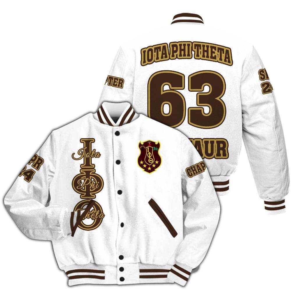 Ireishprint Iota Phi Theta Custom Chapter Varsity Jacket, Personalized Gilded Gold Sleeves White Varsity Jacket Iota Phi Theta Fraternity Jacket