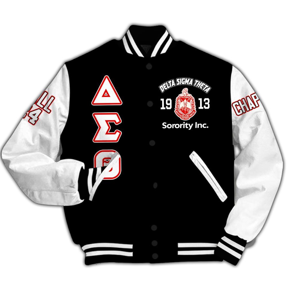 Ireishprint Delta Sigma Theta Custom Chapter Varsity Jacket, Delta Sigma Theta Retro Style White Varsity Jacket 1913 Sorority Jacket