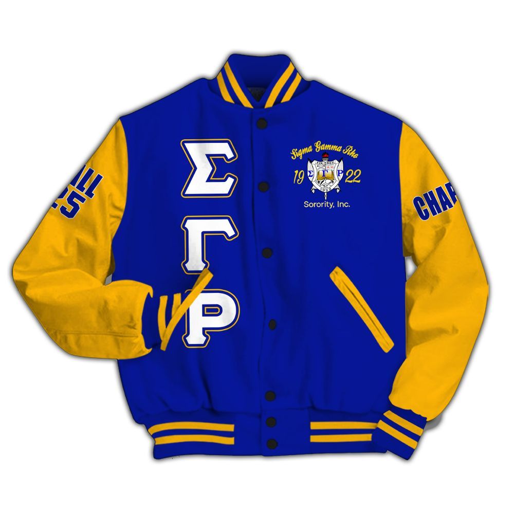 Ireishprint Sigma Gamma Rho Custom Chapter Varsity Jacket, RHoyal Blue Mix Gold Style 1922 Sorority Jacket