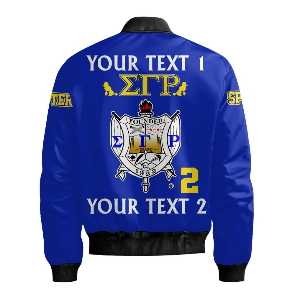 Ireishprint Sigma Gamma Rho Custom Full Line Bomber Jacket, Gold Duo Blue Crest Highlight Style 1922 Sorority Bomber Jacket