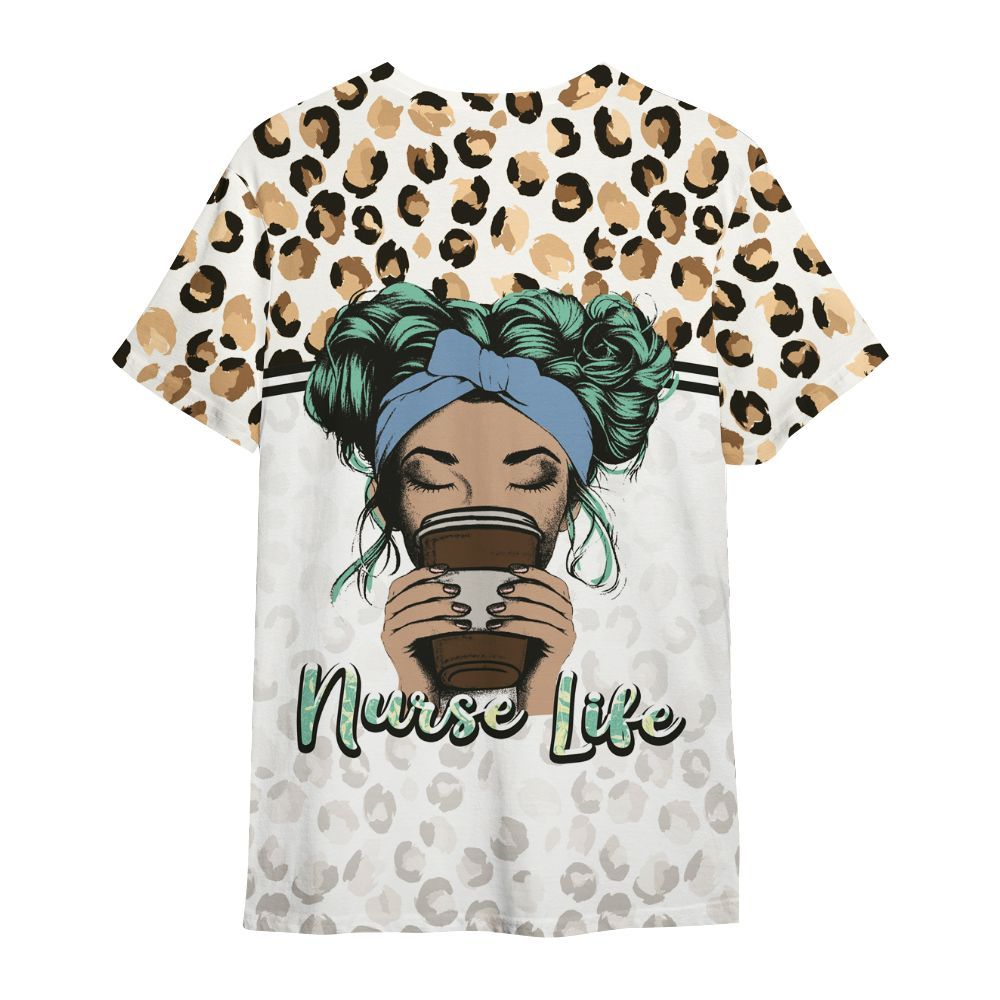 Amare Box Nurse Shirt, Coffee, Scrubs, And Rubber Gloves Leopard Print Custom Name Shirt, Nurse Life, Nurse Coquette, Nurse Stuff All Over Print Unisex Shirt