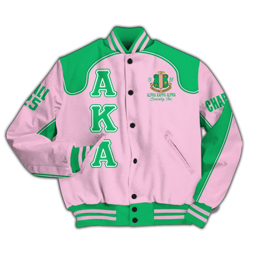 Ireishprint A.K.A Custom Chapter Varsity Jacket, Salmon Pink And Apple Green Racing Style 1908 Sorority Jacket