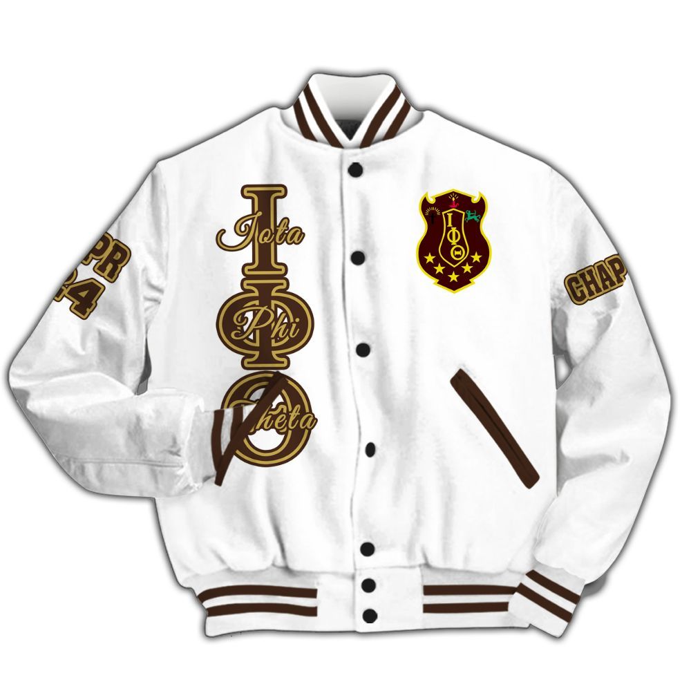 Ireishprint Iota Phi Theta Custom Chapter Varsity Jacket, Personalized Gilded Gold Sleeves White Varsity Jacket Iota Phi Theta Fraternity Jacket
