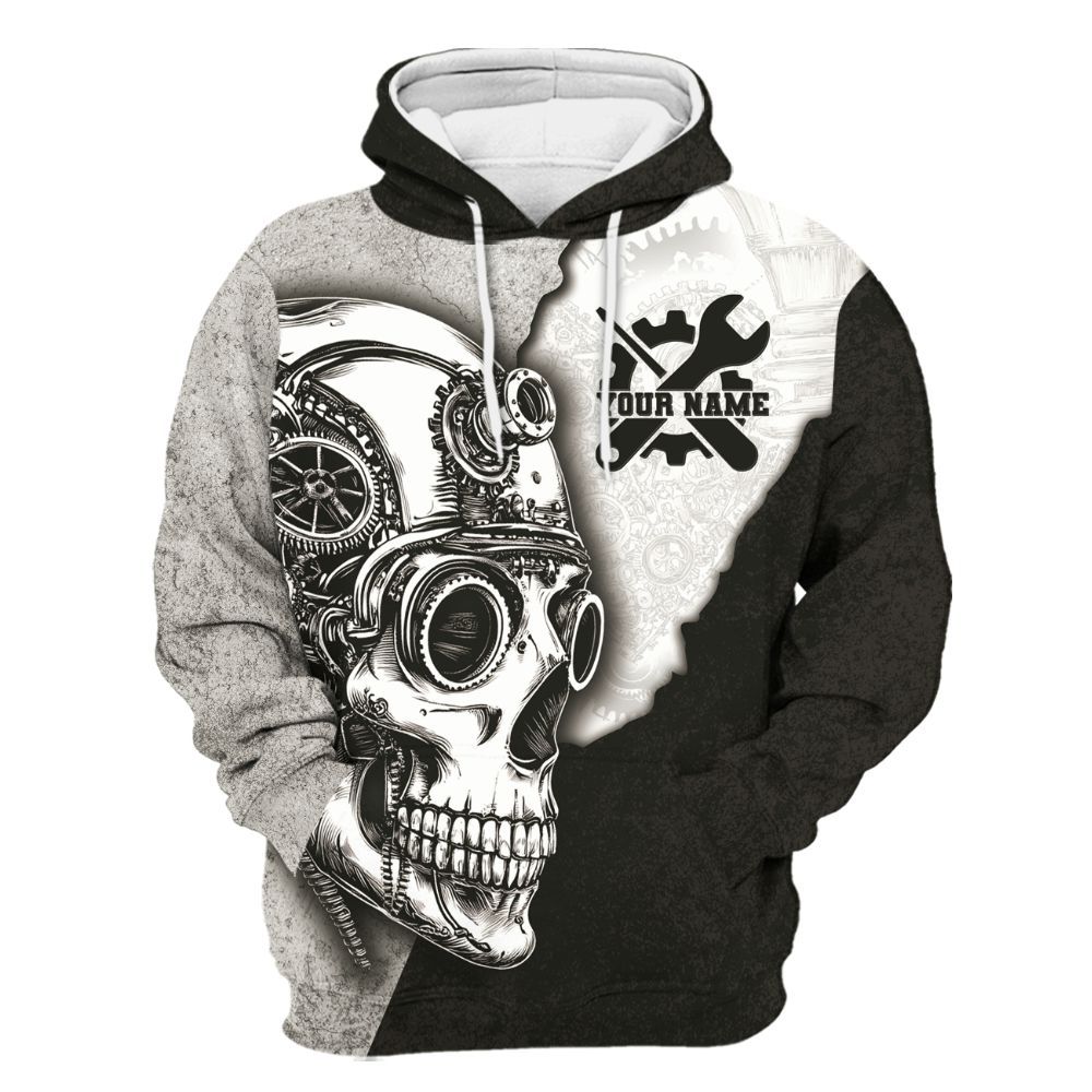 Amare Box Personalized Name Skull Gears Mechanic Get To Know My Job Unisex Shirts Unisex Hoodie