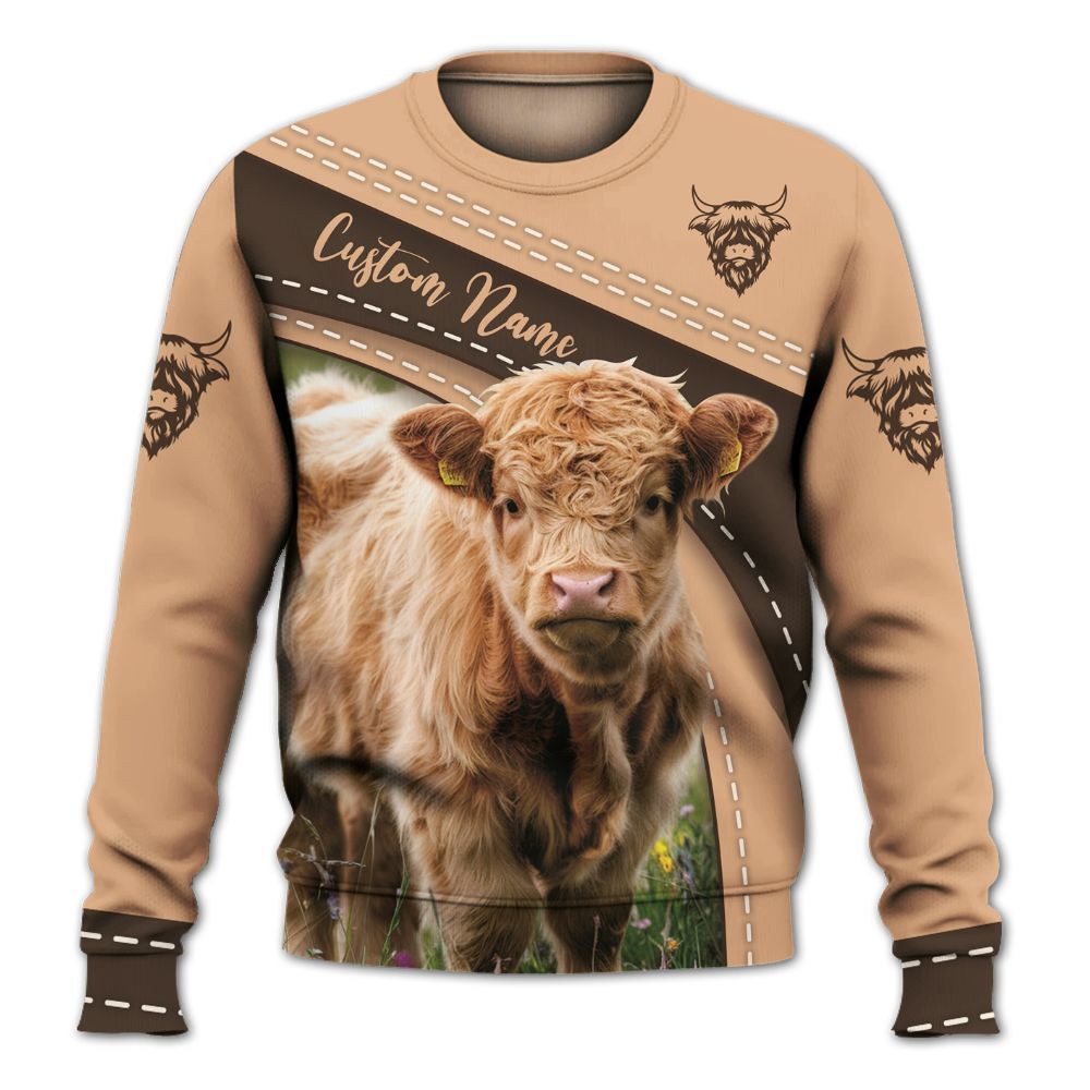 Amare Box Cow Farm Shirt, Cute Highland Calf On Wildflower Meadow, Cute Cow, Highland Cow, Cow Shirt, Farm Shirt Gift For Cow Lover Knitted Sweater