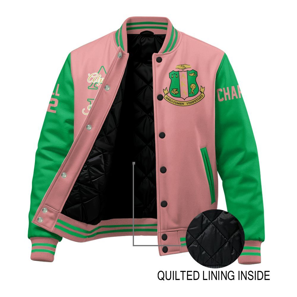 Ireishprint A.K.A Custom Chapter Stitched Jacket, Personalized Salmon Pink Mix Apple Green 1908 Sorority Embroidered Jacket