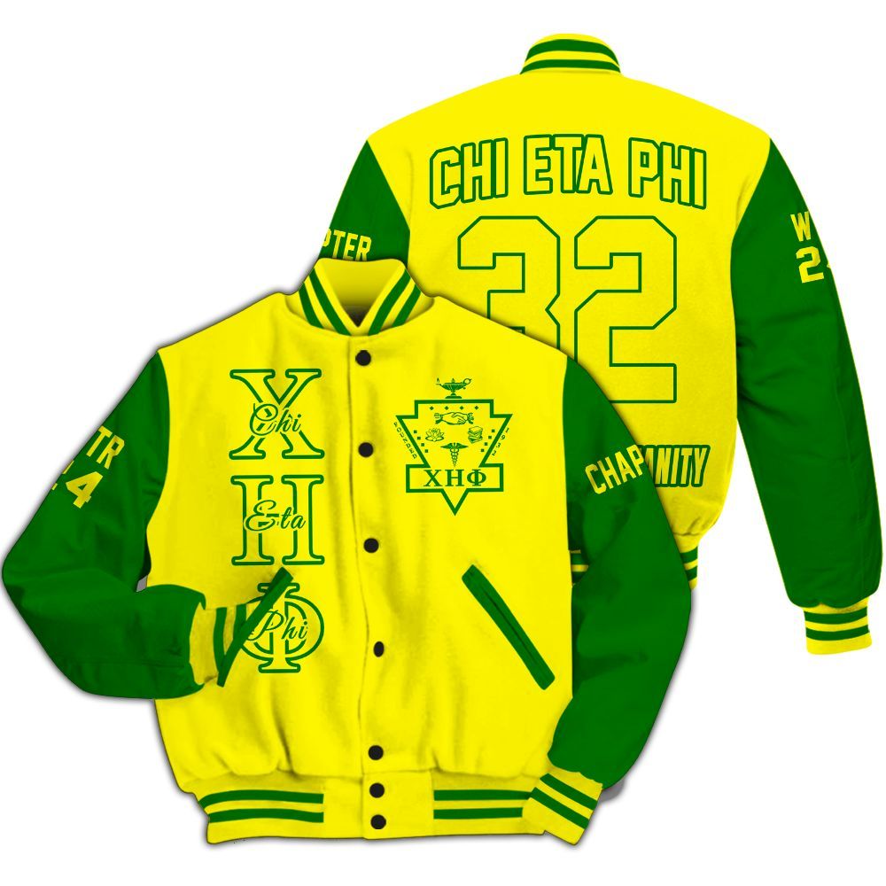 Ireishprint Chi Eta Phi Custom Chapter Varsity Jacket, Personalized Lemon Yellow Mix Pea Green Varsity Jacket Chi Eta Phi Sorority Jacket