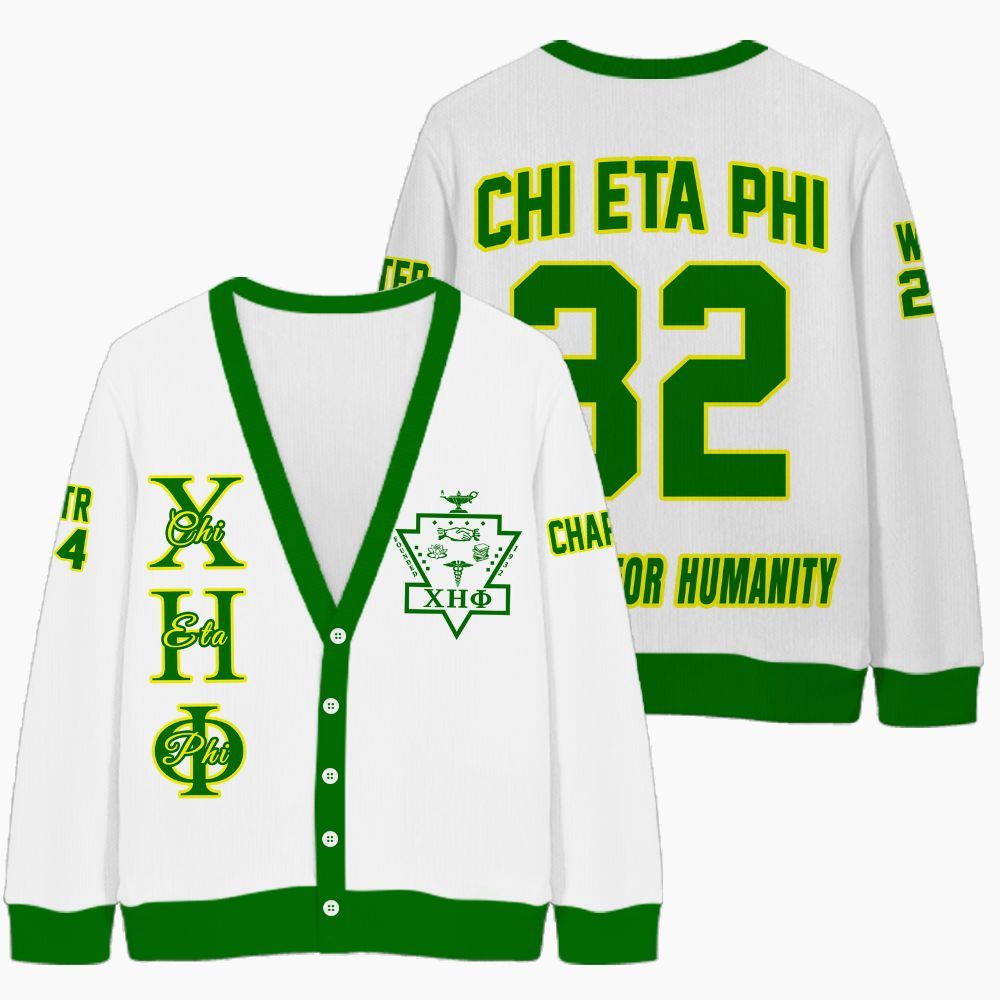 Ireishprint Chi Eta Phi Custom Chapter Cardigan, Personalized White Pea Green Cardigan Chi Eta Phi Sorority Knitted Cardigan