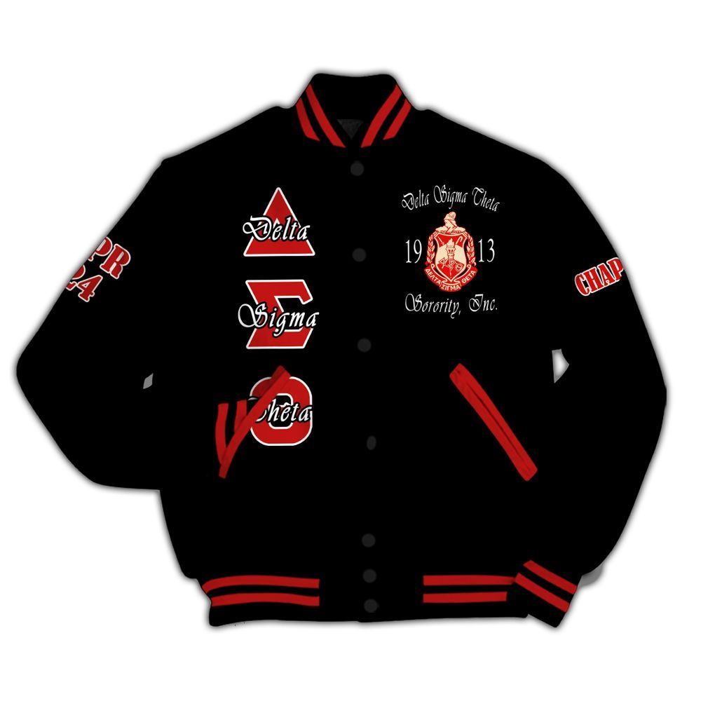 Ireishprint Delta Sigma Theta Custom Chapter Varsity Jacket, Personalized Black Varsity Jacket Delta Sigma Theta Sorority Jacket