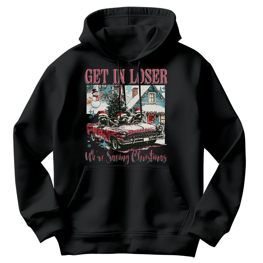 Amare Box Get In Losers We're Saving Christmas Raccoon Shirt, Vintage Retro Christmas Funny Raccoon Unisex Hoodie