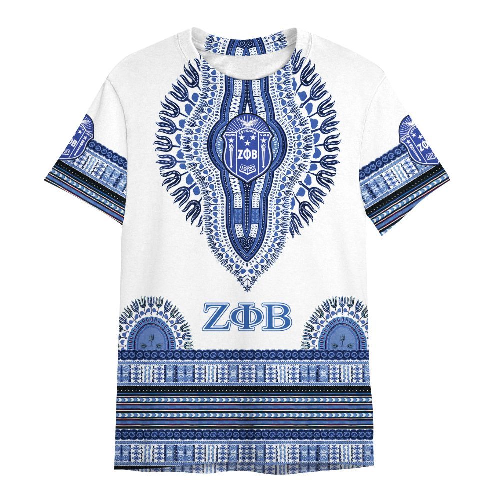 Ireishprint Zeta Phi Beta Shirt, Z-Phi-B Blue Daishiki Pattern Style 1920 Sorority Shirt