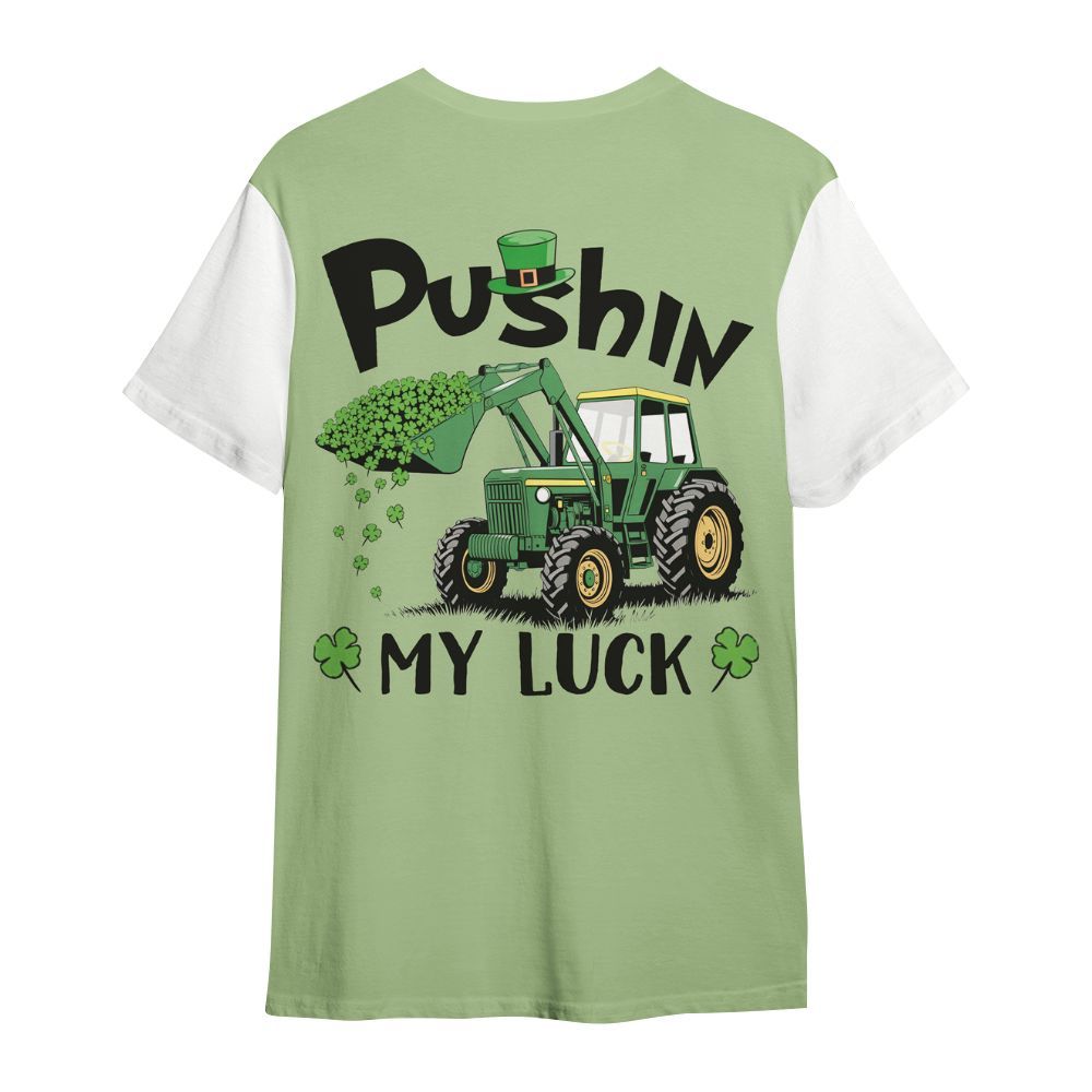 Amare Box Farm Tractor Shirt, Pushin My Luck, Custom Name, Love Tractor, Patrick's Day, Tractor Clipart, Gift For Farm Lover All Over Print Unisex Shirt