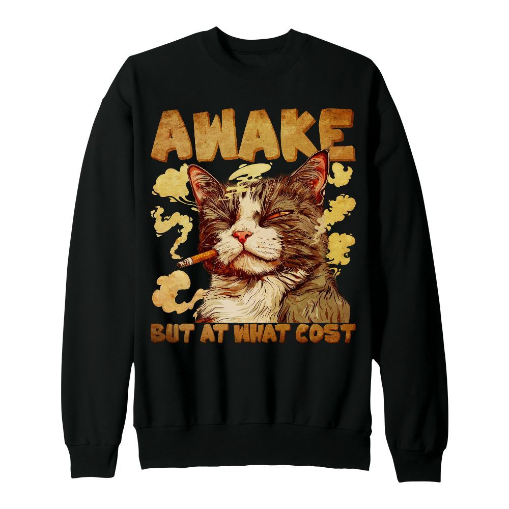 Amare Box Sarcastic Cat Sayings Meme Shirt, Retro Awake But At What Cost Graphic Gift For Fan Unisex Sweatshirt