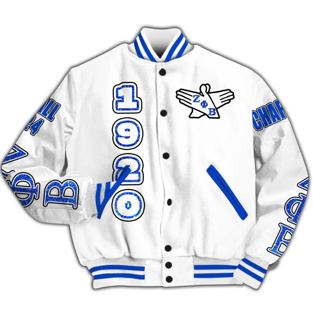 Ireishprint Zeta Phi Beta Custom Chapter Varsity Jacket, Personalized Your Z Phi B Dove White Gilter Style 1920 Zeta Phi Beta Sorority Jacket