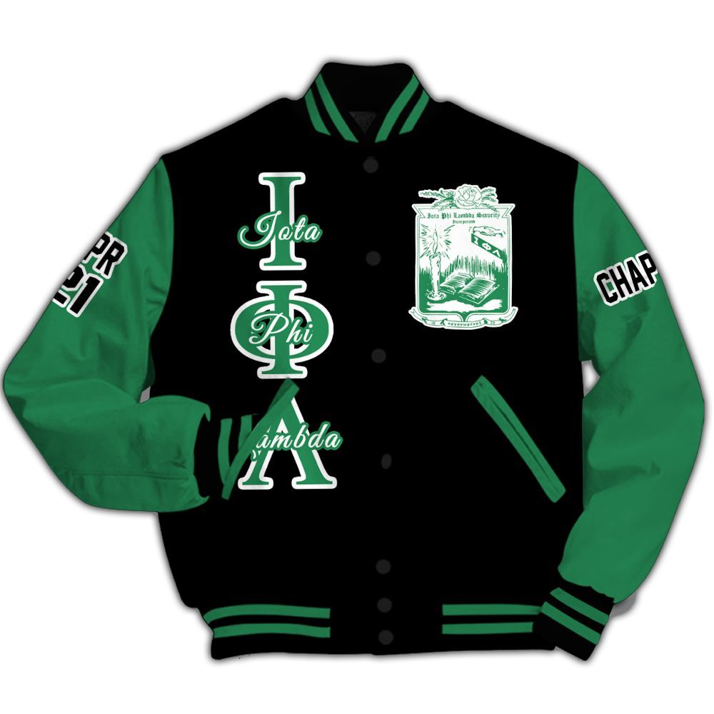 Ireishprint Iota Phi Lambda Custom Chapter Varsity Jacket, Personalized Black Mix Emerald Green Iota Phi Lambda Since 1929 Sorority Jacket