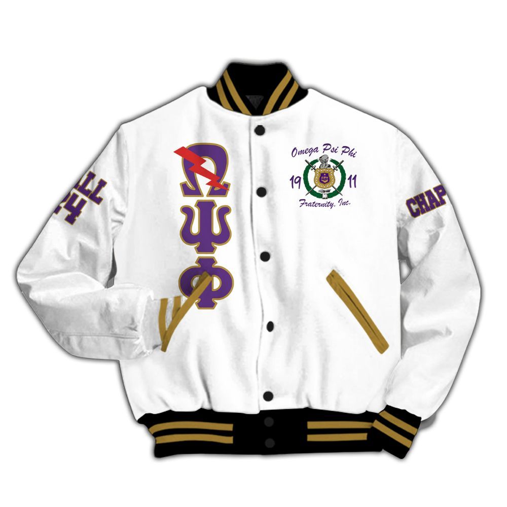 Ireishprint ΩΨΦ Custom Chapter Varsity Jacket, Personalized White Sleeves Jacket Omega 1911 ΩΨΦ Fraternity Jacket