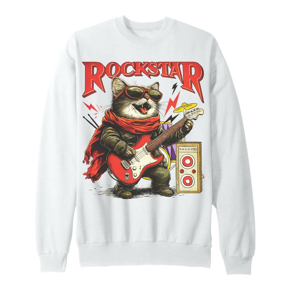 Amare Box Vintage Rock Cat Playing Guitar Shirt, Funny Cat Meme Rockstar Gift For Fan Unisex Sweatshirt