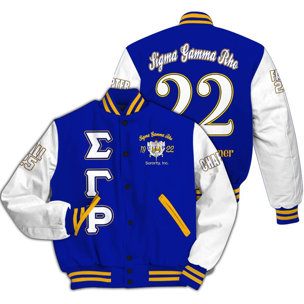 Ireishprint Sigma Gamma Rho Custom Chapter Varsity Jacket, Blue Duo Gold Retro Style 1922 Sorority Jacket