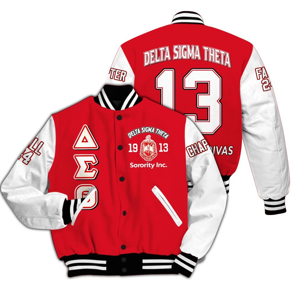 Ireishprint Delta Sigma Theta Custom Chapter Varsity Jacket, Delta Sigma Theta Crimson Jacket White Sleeve 1913 Sorority Jacket