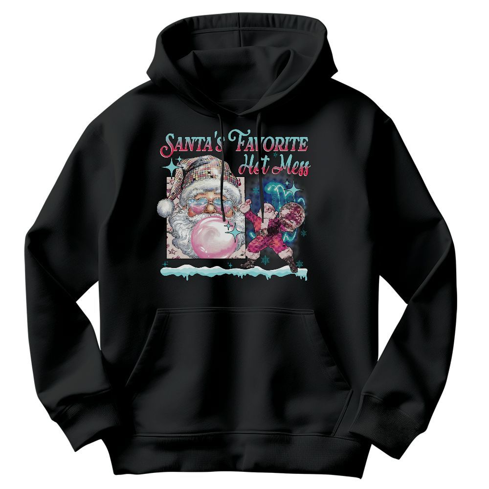 Amare Box Santa's Favorite Hot Mess Shirt, Santa Christmas Blowing Bubble, Santa With Sunglasses Xmas Unisex Hoodie