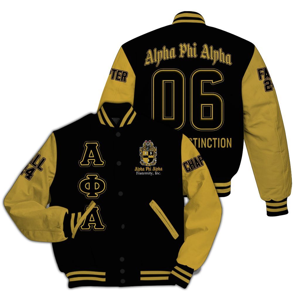Ireishprint ΑΦΑ Custom Chapter Varsity Jacket, Black ΑΦΑ Lettered Gold Sleeves 1906 Fraternity Jacket