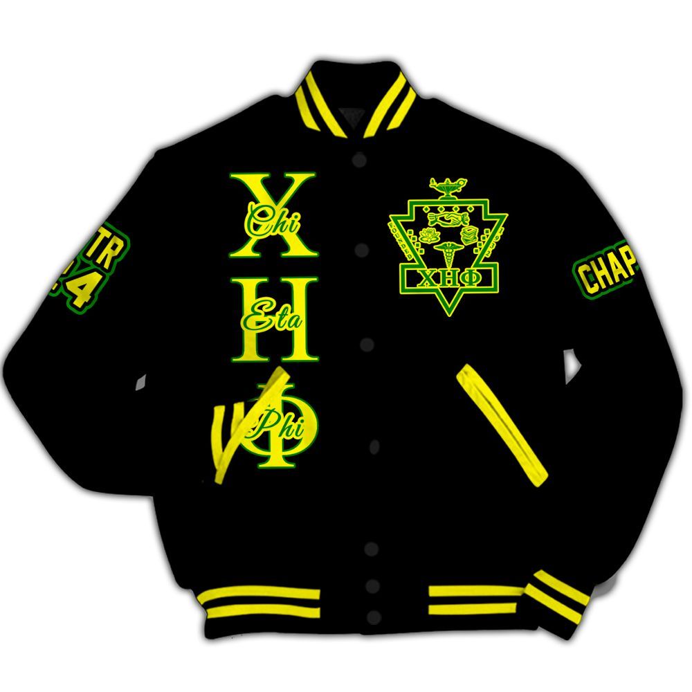 Ireishprint Chi Eta Phi Custom Chapter Varsity Jacket, Personalized Black Lemon Yellow Varsity Jacket Chi Eta Phi Sorority Jacket