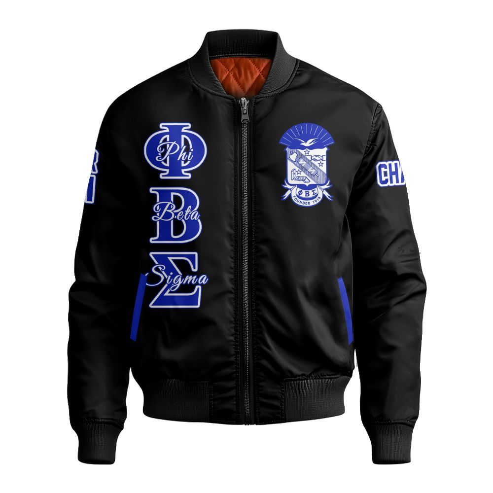 Ireishprint Phi Beta Sigma Custom Chapter Bomber Jacket, Personalized Black Royal Blue Bomber Jacket Phi Beta Sigma Fraternity Bomber Jacket