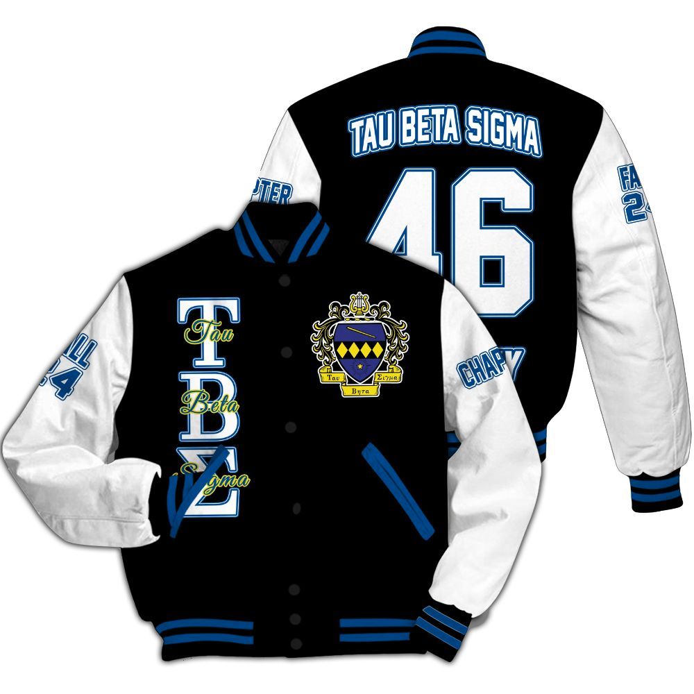 Ireishprint Tau Beta Sigma Custom Chapter Varsity Jacket, Personalized Black Mix White Varsity Jacket Tau Beta Sigma Sorority Jacket