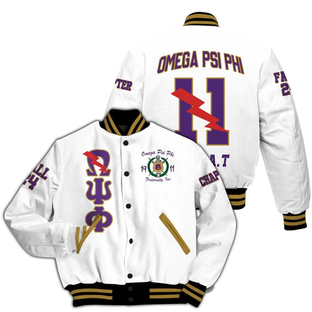 Ireishprint ΩΨΦ Custom Chapter Varsity Jacket, Personalized White Sleeves Jacket Omega 1911 ΩΨΦ Fraternity Jacket