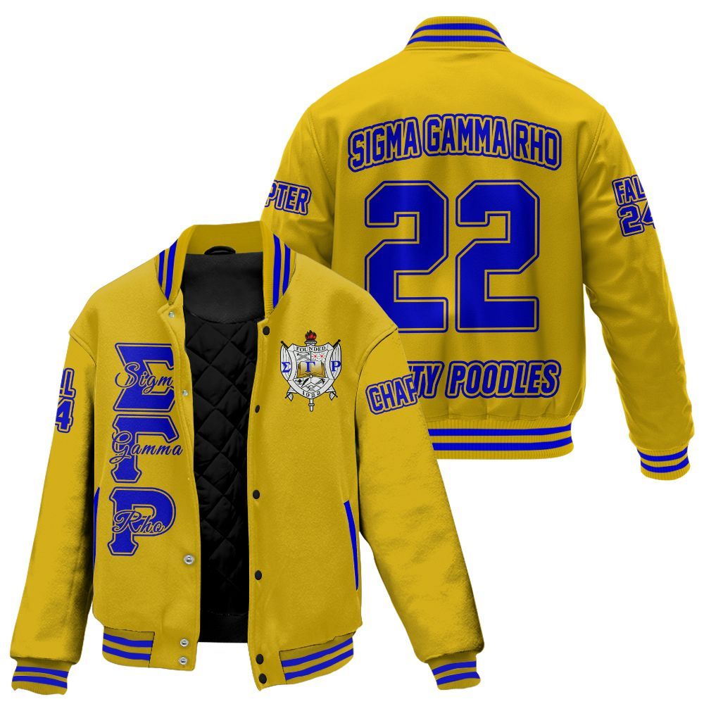 Ireishprint Sigma Gamma Rho Custom Chapter Stitched Jacket, Personalized Gold Royal Blue Sigma Gamma Rho Sorority Embroidered Jacket
