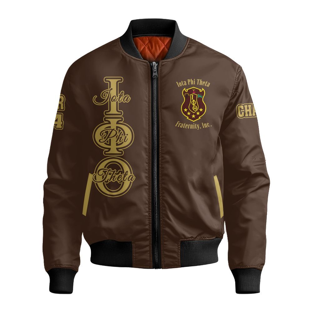 Ireishprint Iota Phi Theta Custom Chapter Bomber Jacket, Personalized Centaur Charcoal Brown Jacket Iota Phi Theta Fraternity Bomber Jacket
