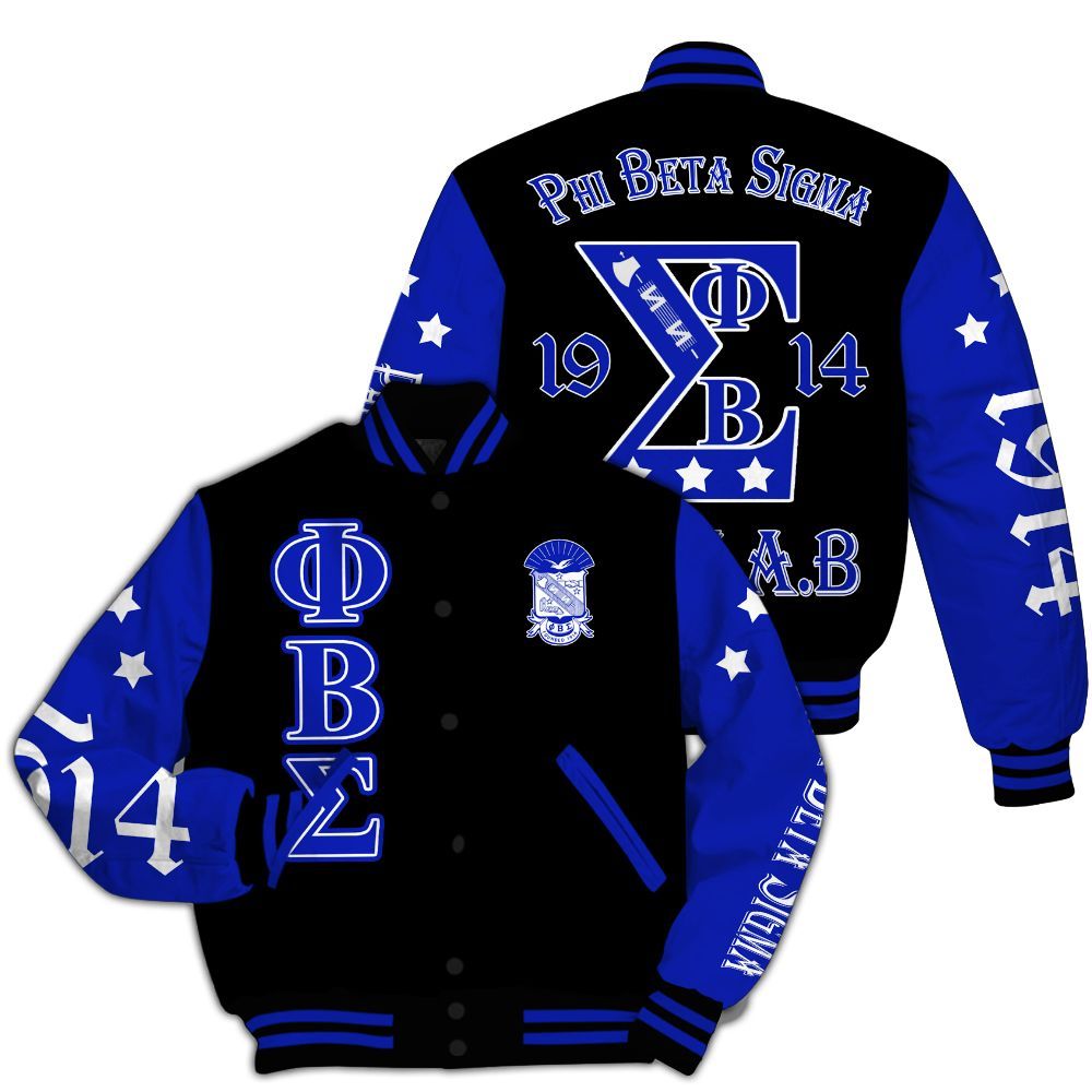 Ireishprint Phi Beta Sigma Varsity Jacket, Three Stars Black Jacket Phi Beta Sigma Fraternity Jacket
