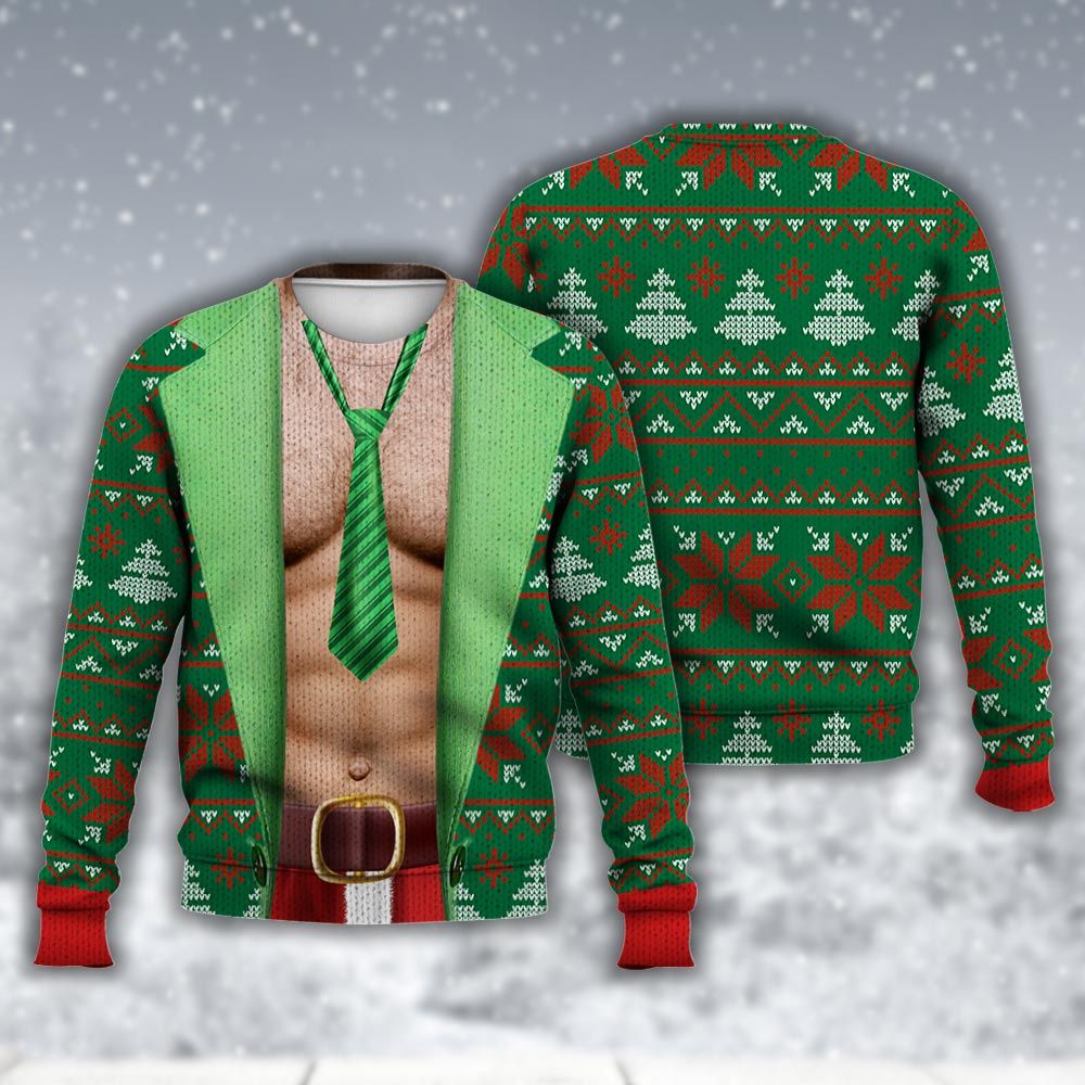 Amare Box Faux Real Realistic Ugly Christmas Sweater, Funny Santa Meme Body Meme Xmas Sweater Design Gift For Fan