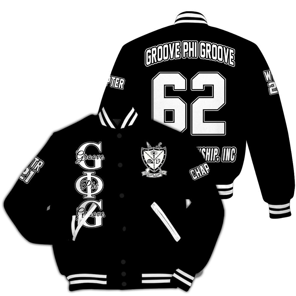 Ireishprint Groove Phi Groove Custom Chapter Varsity Jacket, Personalized Black Varsity Jacket Groove Phi Groove  Jacket