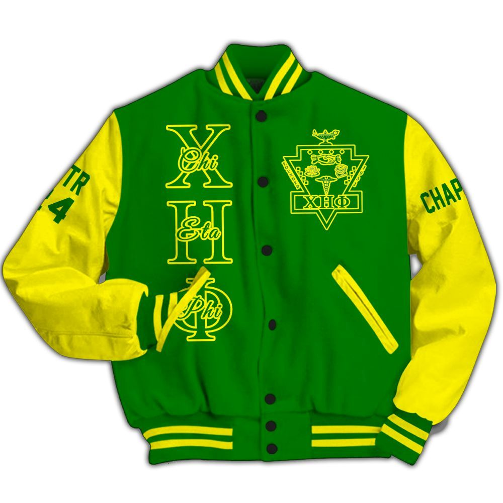 Ireishprint Chi Eta Phi Custom Chapter Varsity Jacket, Personalized Pea Green Mix Lemon Yellow Varsity Jacket Chi Eta Phi Sorority Jacket