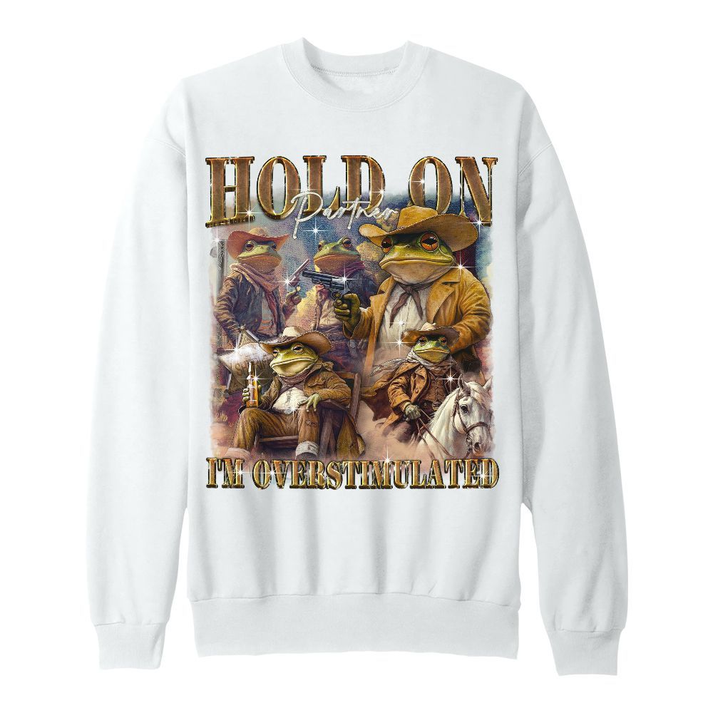 Amare Box Retro Hold On Partner Im Overstimulated Meme Shirt, Funny Cowboy Frog West Country Cute Unisex Sweatshirt