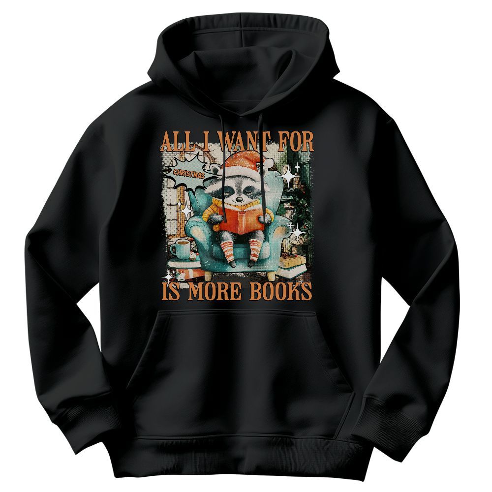 Amare Box Bookish Raccoon Christmas Shirt, All I Want For Christmas Is More Books, Retro Holiday Bookworm Unisex Hoodie