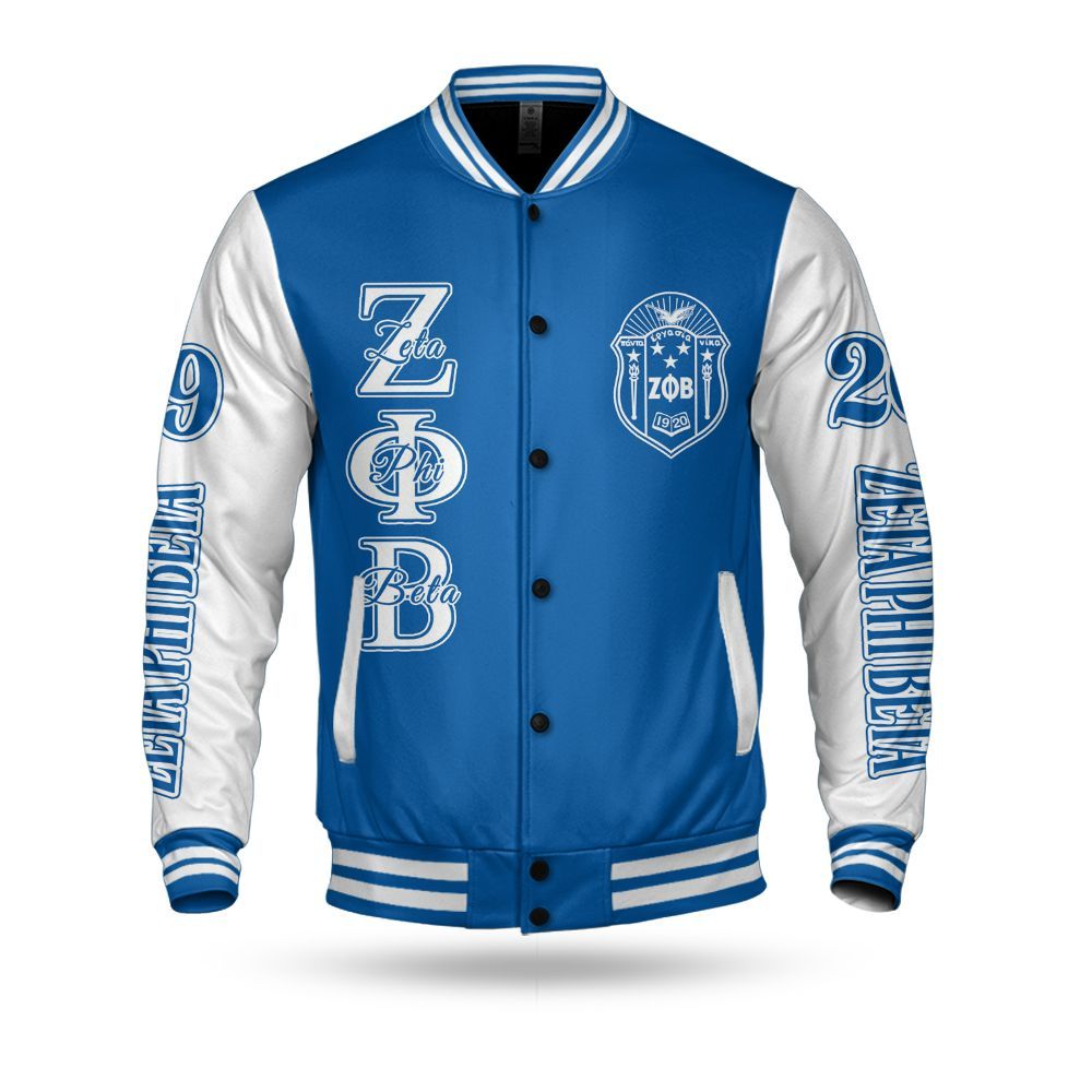 Ireishprint Zeta Phi Beta Varsity Jacket, Hand Sign White Sleeve Royal Blue Varsity Jacket Zeta Phi Beta Sorority Jacket