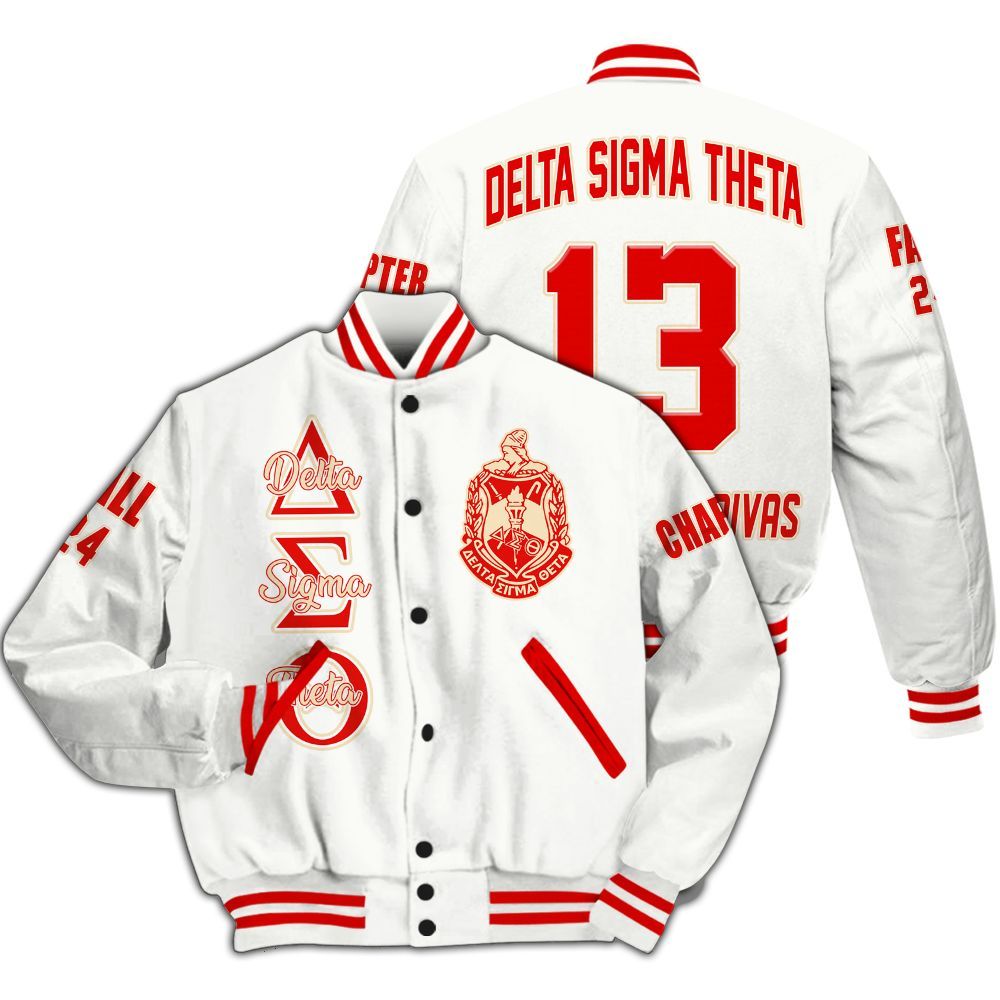 Ireishprint Delta Sigma Theta Custom Chapter Varsity Jacket, White Simple Style Delta Sigma Theta Sorority Jacket