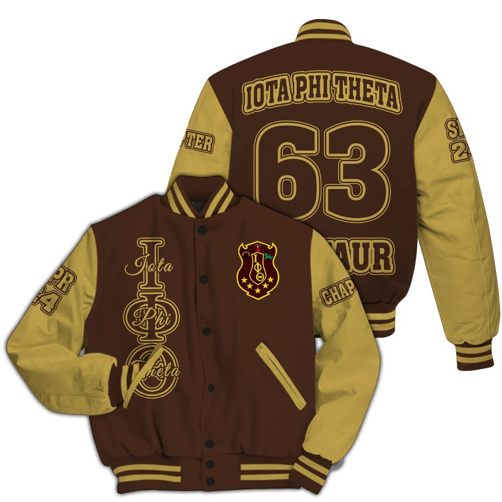 Ireishprint Iota Phi Theta Custom Chapter Varsity Jacket, Personalized Gilded Gold Sleeve Charcoal Brown Jacket Iota Phi Theta Fraternity Jacket