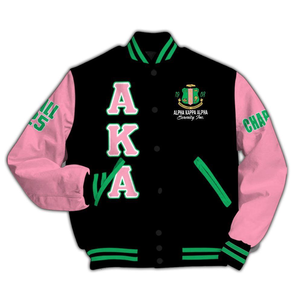 Ireishprint A.K.A Custom Chapter Varsity Jacket, Personalized Pink And Apple Green Duo 1908 Sorority Jacket