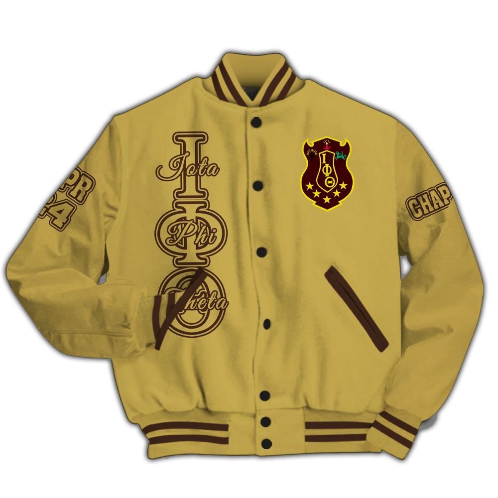 Ireishprint Iota Phi Theta Custom Chapter Varsity Jacket, Personalized Gilded Gold Varsity Jacket Iota Phi Theta Fraternity Jacket