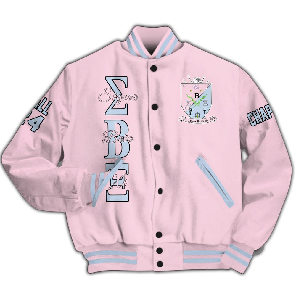 Ireishprint Sigma Beta Xi Custom Chapter Varsity Jacket, Personalized Pink Varsity Jacket Sigma Beta Xi Sorority Jacket