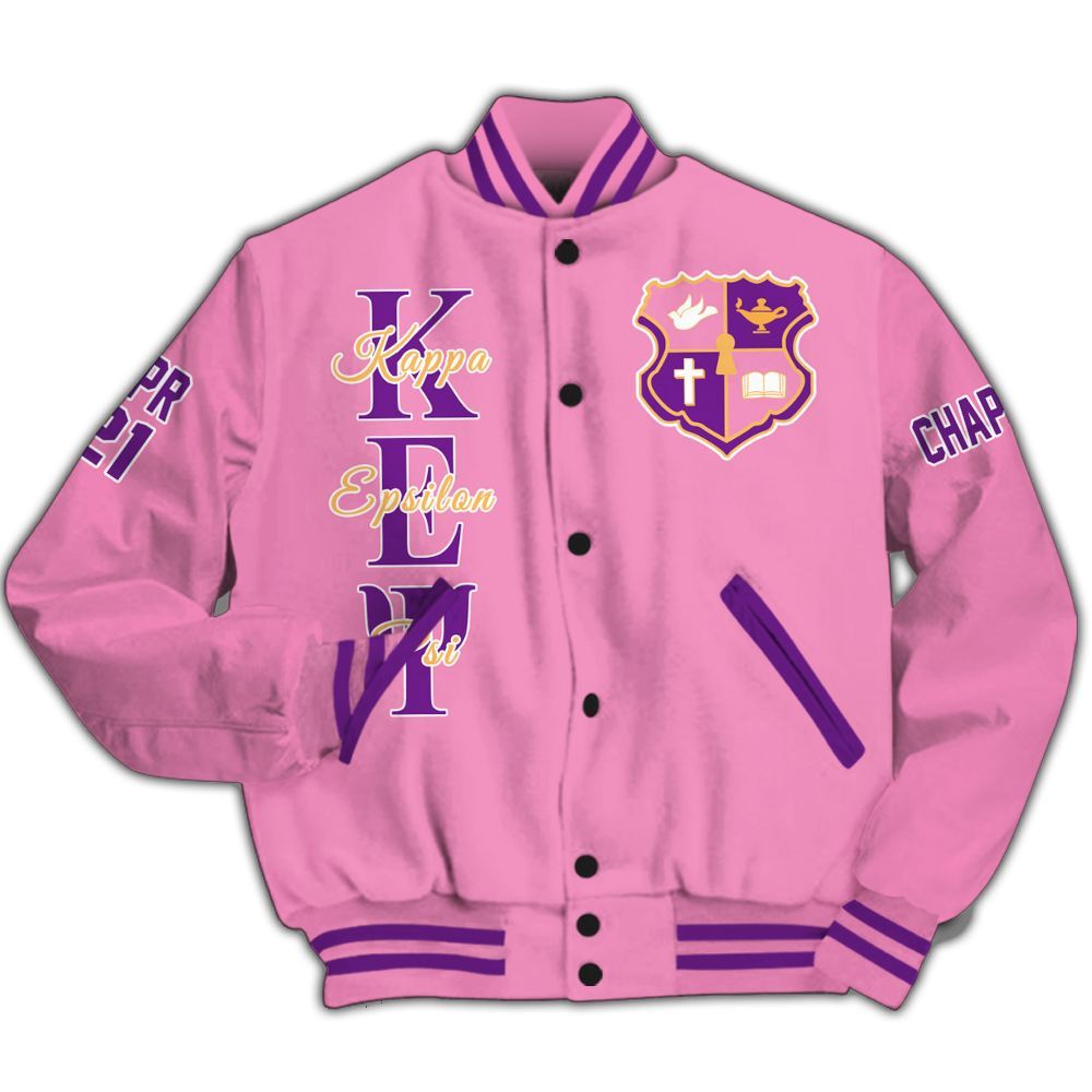 Ireishprint Kappa Epsilon Psi Military Custom Chapter Varsity Jacket, Personalized Rose Pink Kappa Epsilon Psi Military Sorority Jacket
