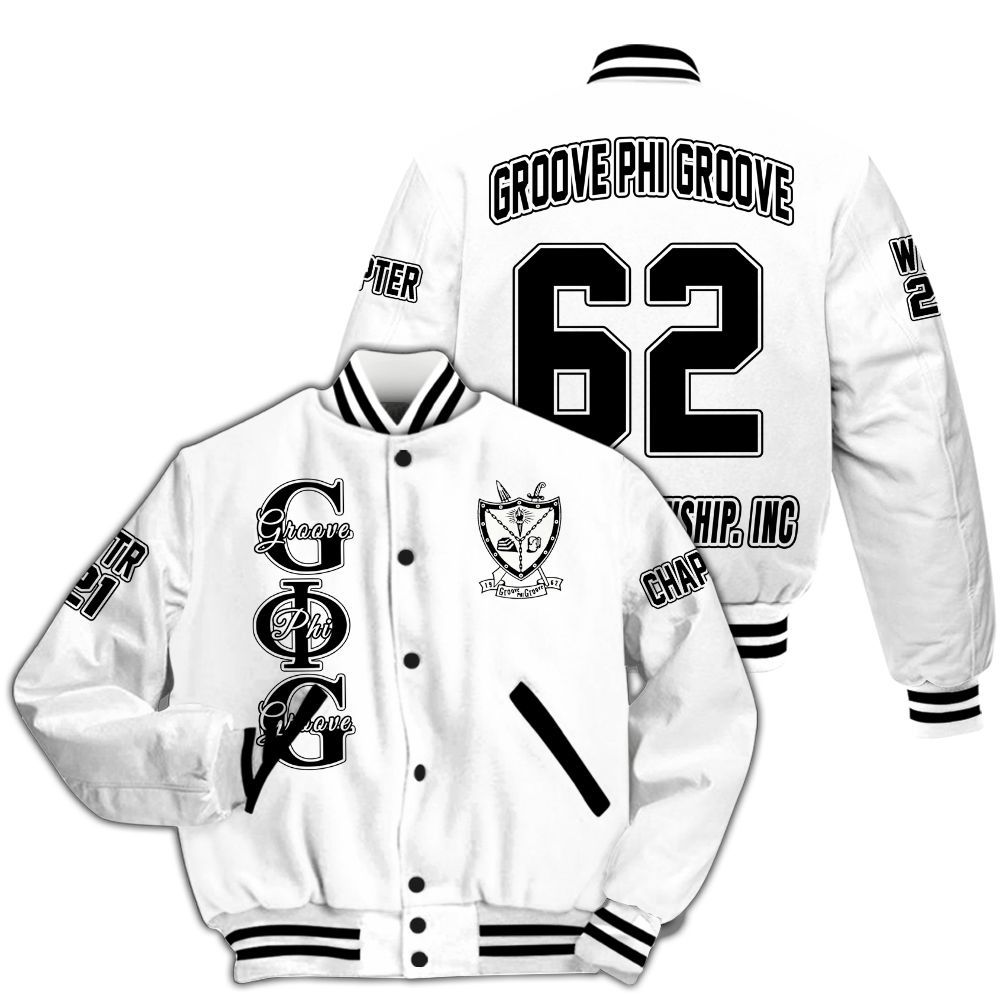 Ireishprint Groove Phi Groove Custom Chapter Varsity Jacket, Personalized White Varsity Jacket Groove Phi Groove  Jacket