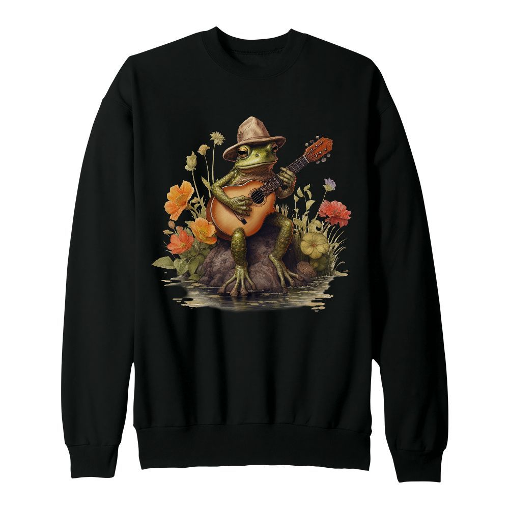 Amare Box Funny Frog Shirt, Frog Play Guitar Cottagecore, Floral Flower Frog Graphic 90 Bootleg Unisex Sweatshirt