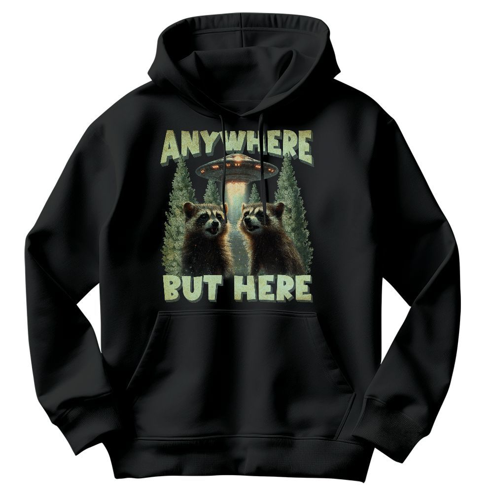 Amare Box Funny Raccoon UFO Shirt, Retro Anywhere But Here Graphic Gift For Fan Lover Unisex Hoodie